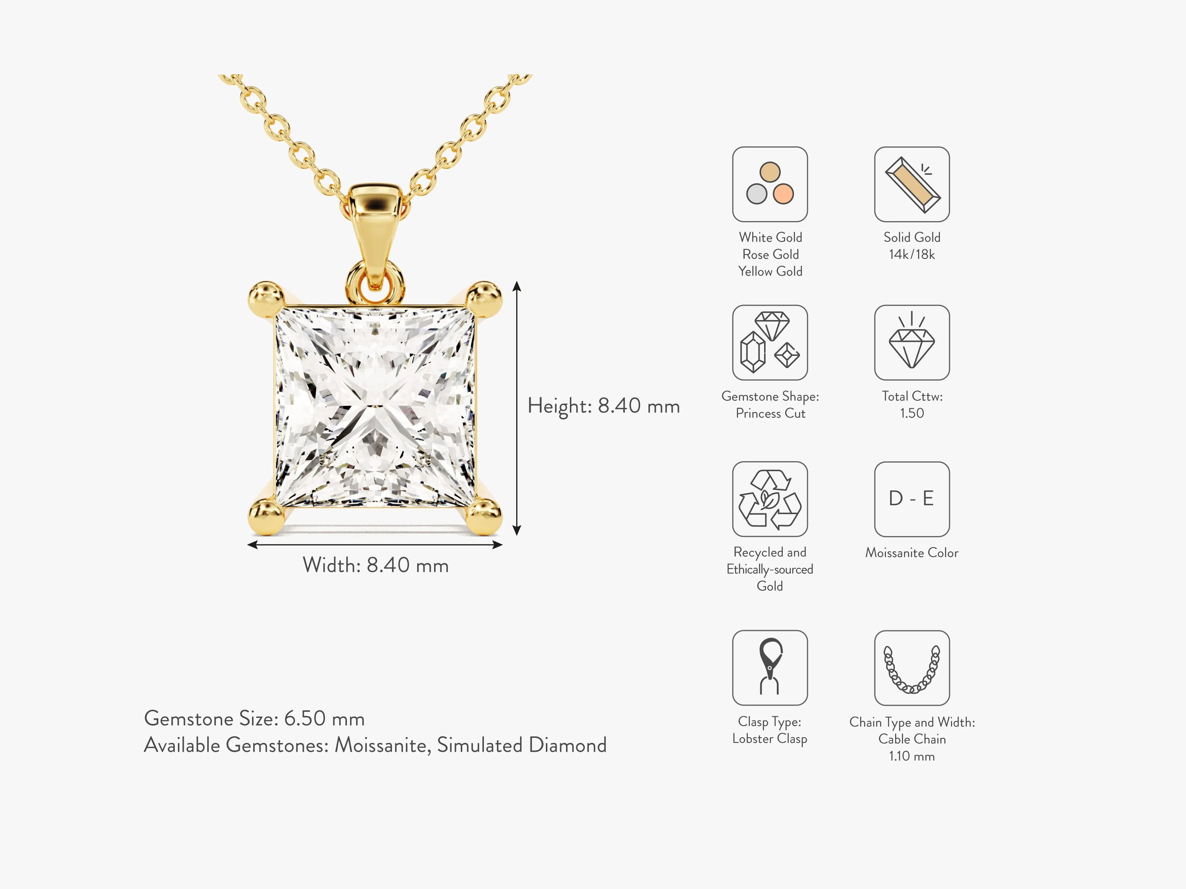 Princess Cut Moissanite Solitaire Pendant (1.50 CT)