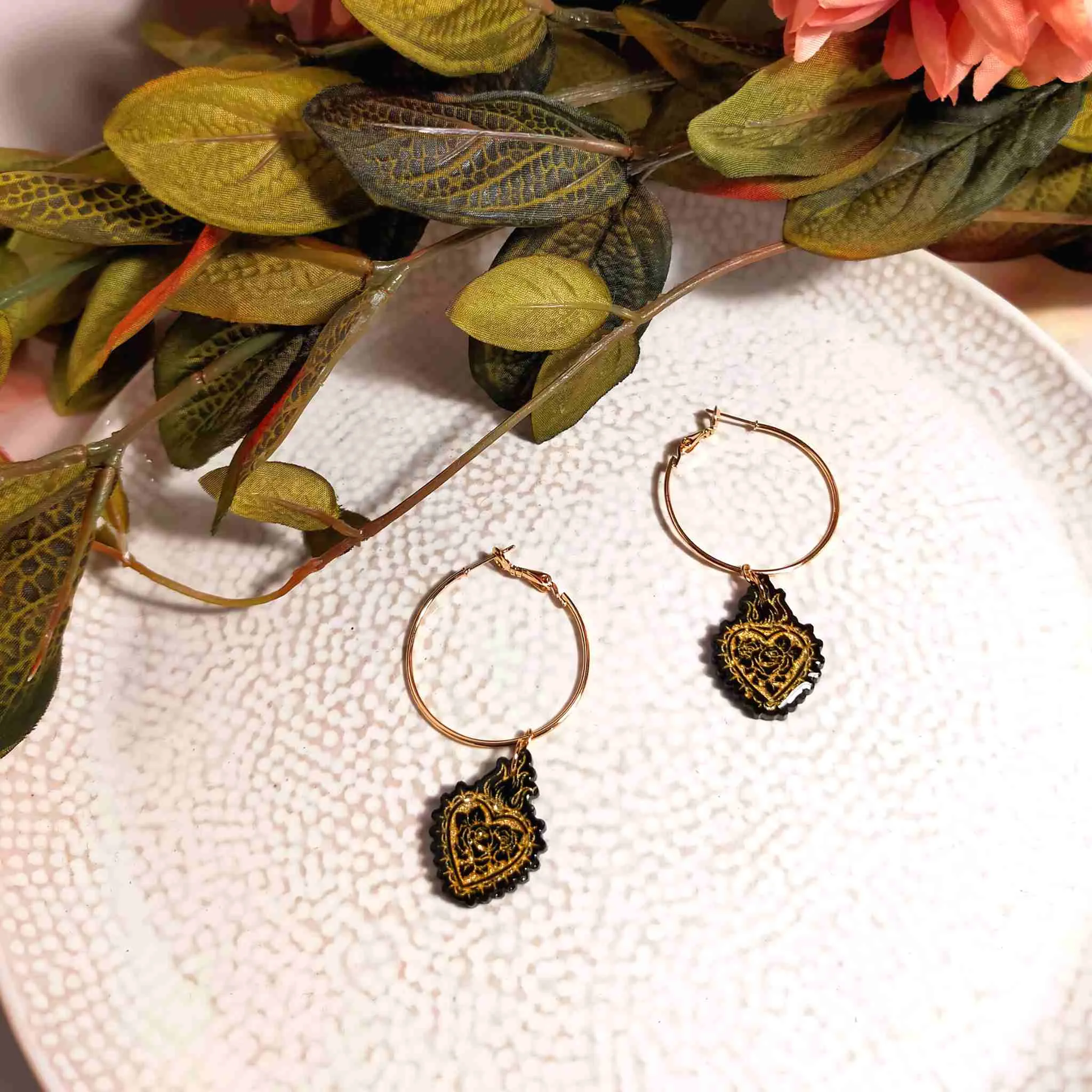 "Simone" Resin Burning Heart hoops Statement Earrings