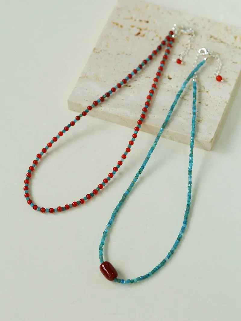 Red  Agate Splicing Blue Phosphorus Beaded Necklace