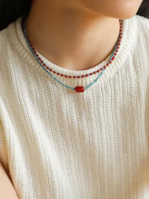 Red  Agate Splicing Blue Phosphorus Beaded Necklace