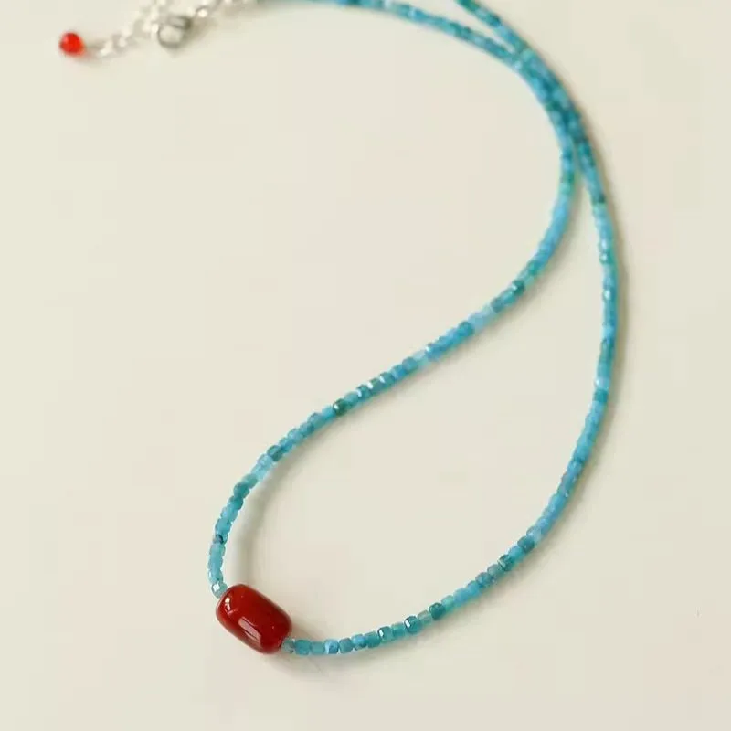 Red  Agate Splicing Blue Phosphorus Beaded Necklace