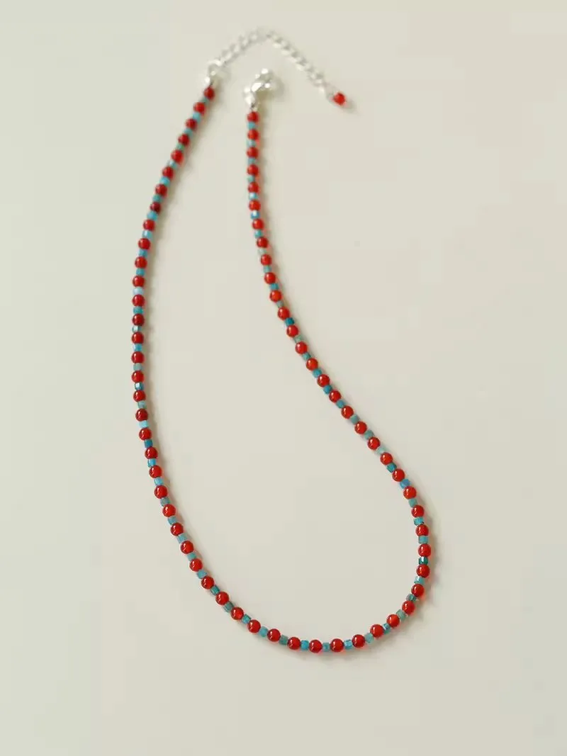 Red  Agate Splicing Blue Phosphorus Beaded Necklace