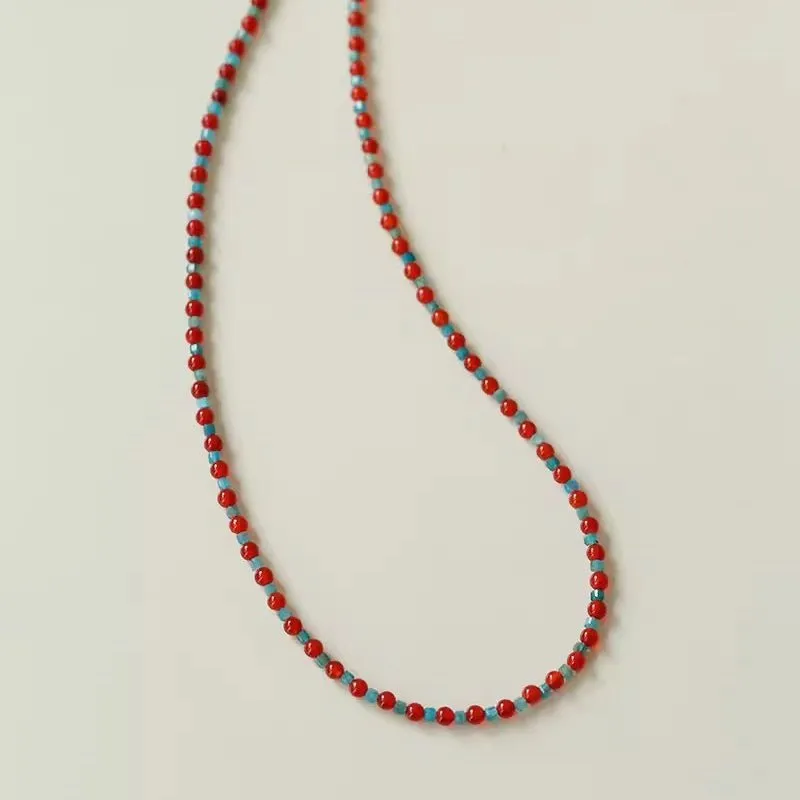 Red  Agate Splicing Blue Phosphorus Beaded Necklace