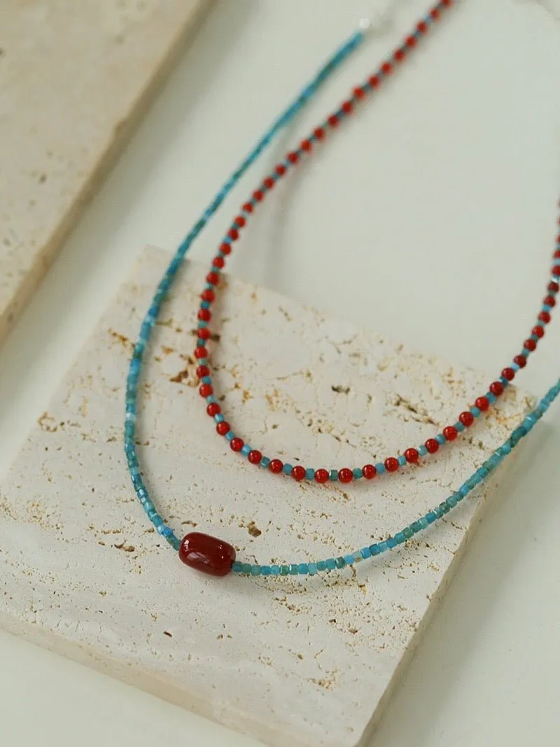 Red  Agate Splicing Blue Phosphorus Beaded Necklace