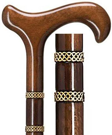 Scratch and Dent Braided Gold and Walnut Derby Walking Cane With Walnut Shaft And Double Gold Braided Collar V1533