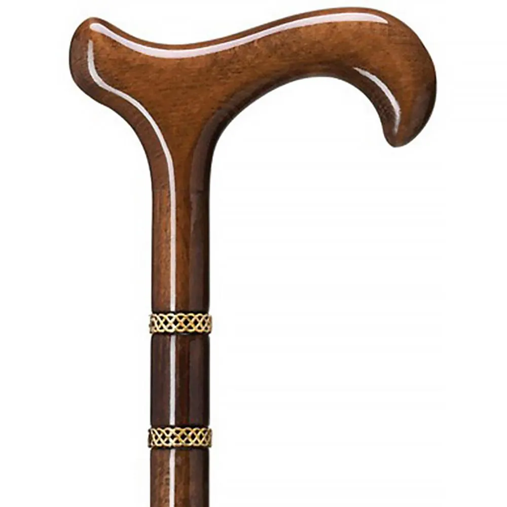 Scratch and Dent Braided Gold and Walnut Derby Walking Cane With Walnut Shaft And Double Gold Braided Collar V1533