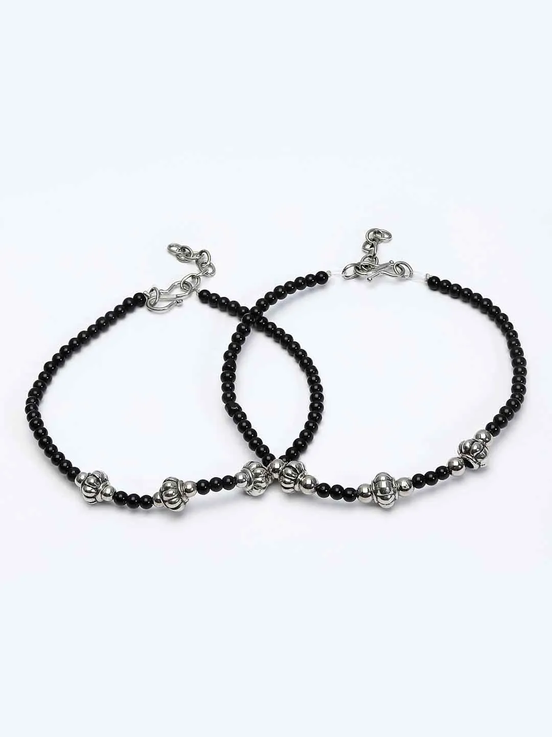 Set Of 2 Oxidised Silver-Plated Black Beaded Handcrafted Anklets