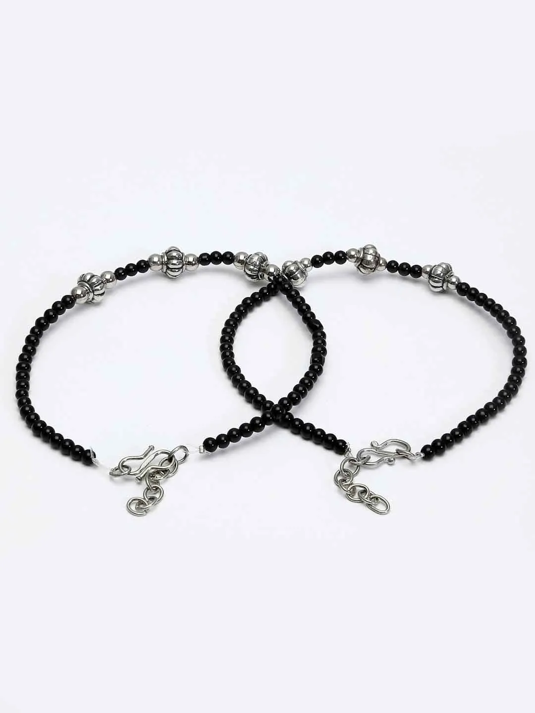 Set Of 2 Oxidised Silver-Plated Black Beaded Handcrafted Anklets