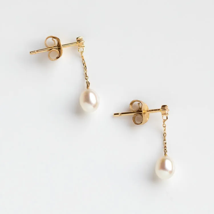 Solid Gold Pearl and White Sapphire Drop Earrings