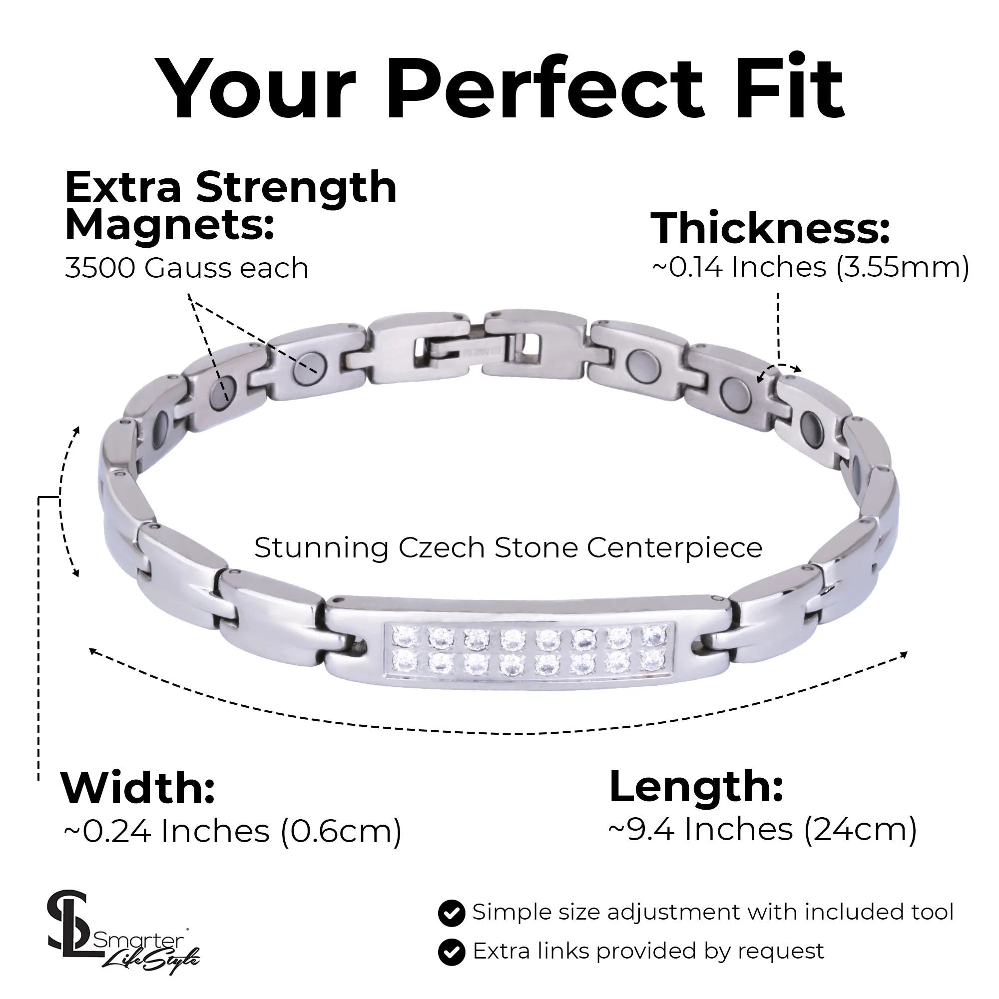 Sparkling Womens Czech Crystal Titanium Magnetic Therapy - Anklet/Large Bracelet: 9.4 inches (24cm) / Silver