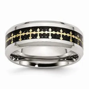 Stainless Steel Polished Carbon Fiber & Yellow IP-plated Crosses Ring