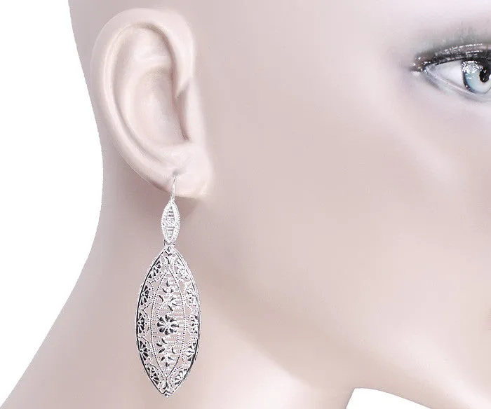 Sterling Silver Art Deco Dangling Leaf Filigree Diamond Earrings