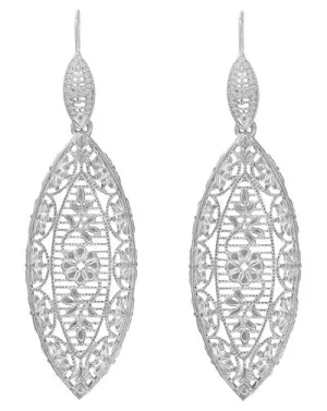 Sterling Silver Art Deco Dangling Leaf Filigree Diamond Earrings