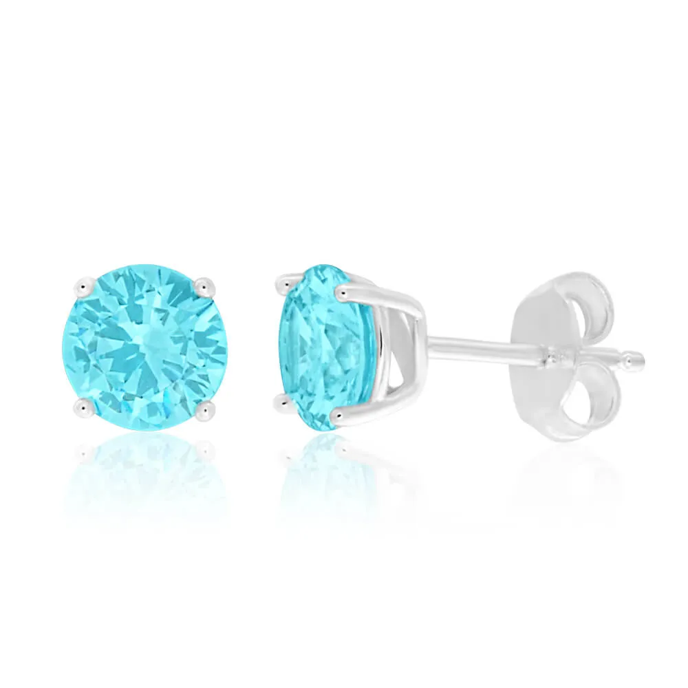 Sterling Silver Cubic Zirconia Light Aqua Stud Earrings