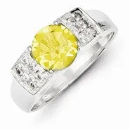 Sterling Silver Yellow Round with Pave Sides CZ Ring