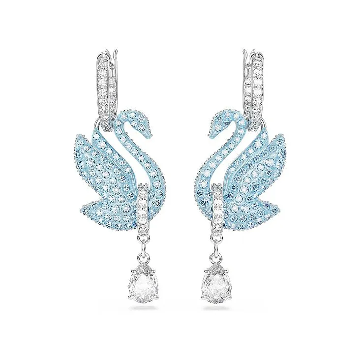 Swarovski Women's Rhodium Finished Swan Motif with Blue Pavé and Clear Stones Swan Drop Earrings - 5660593