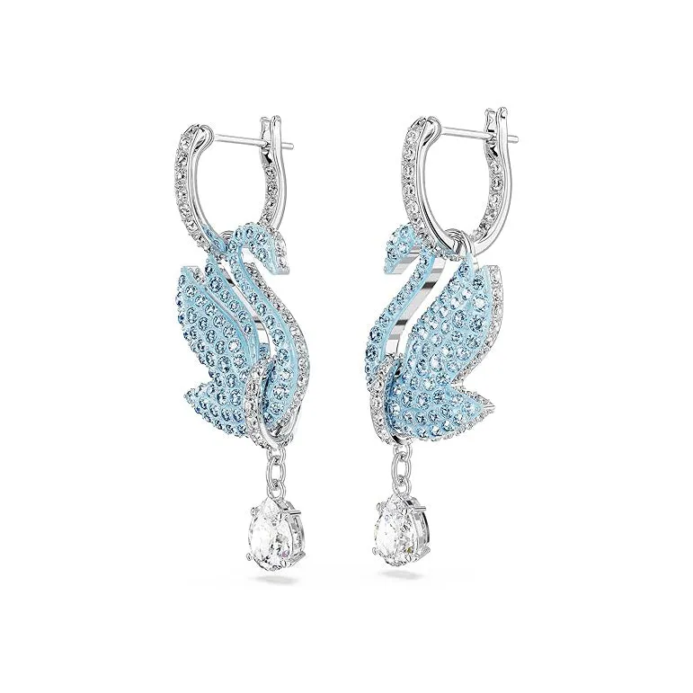 Swarovski Women's Rhodium Finished Swan Motif with Blue Pavé and Clear Stones Swan Drop Earrings - 5660593