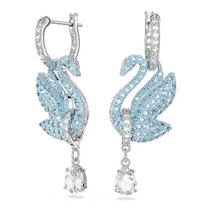 Swarovski Women's Rhodium Finished Swan Motif with Blue Pavé and Clear Stones Swan Drop Earrings - 5660593