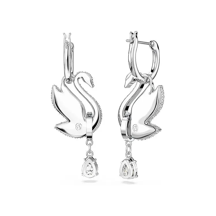 Swarovski Women's Rhodium Finished Swan Motif with Blue Pavé and Clear Stones Swan Drop Earrings - 5660593