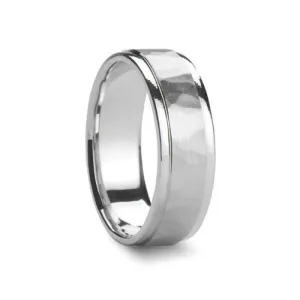 THERON Novell Raised Hammered Center Silver Wedding Ring with Polished Step Edges- 6mm - 8mm