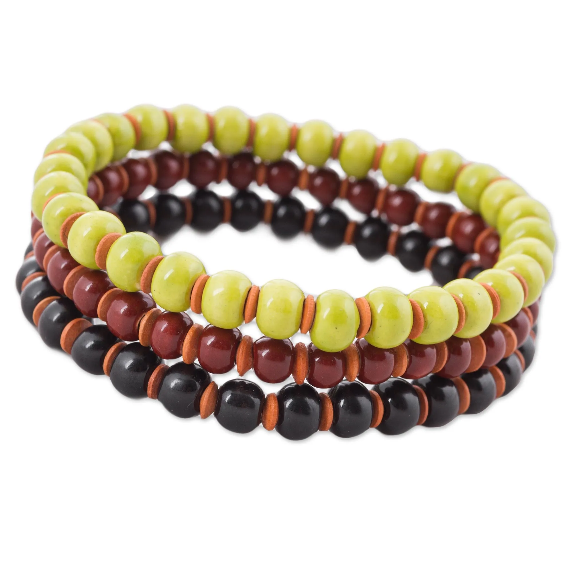 Three Ceramic Bracelets in Chartreuse Russet and Black - Autumn Spirit | NOVICA