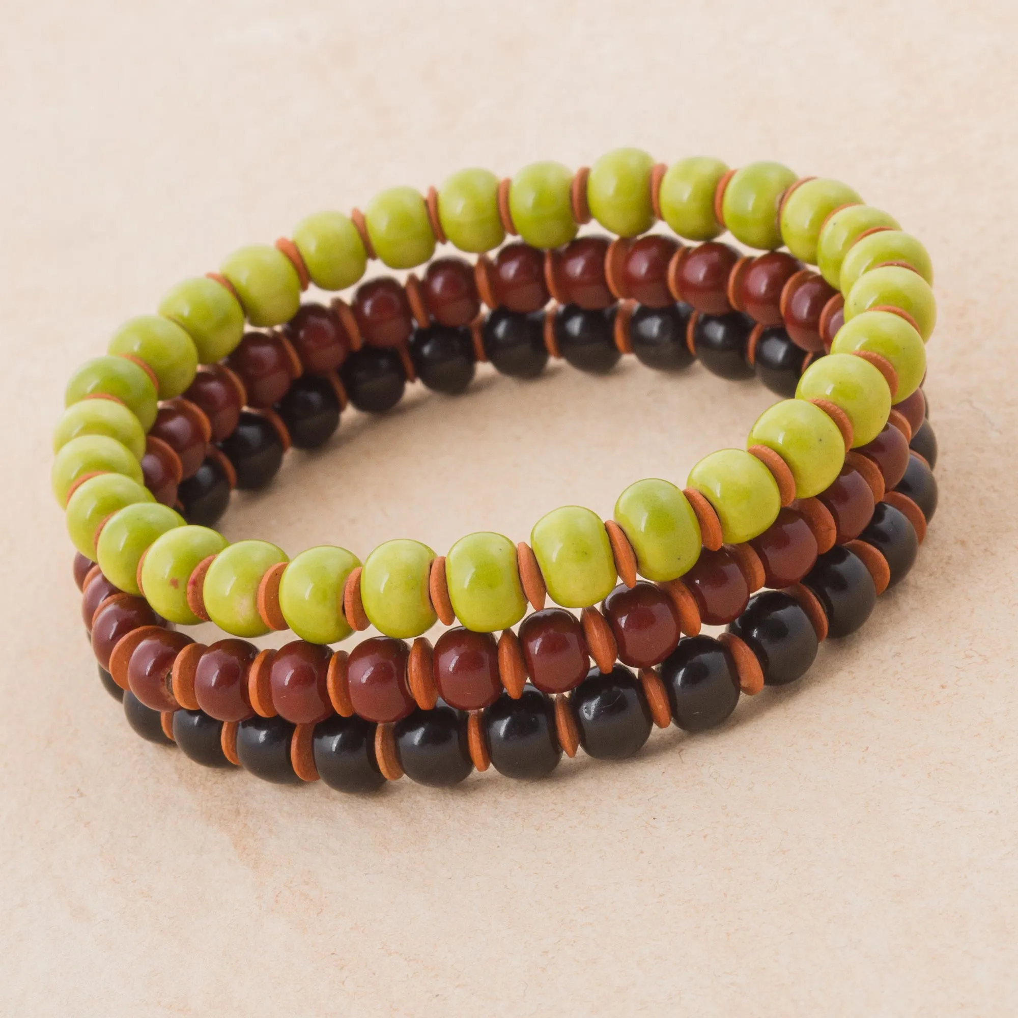 Three Ceramic Bracelets in Chartreuse Russet and Black - Autumn Spirit | NOVICA