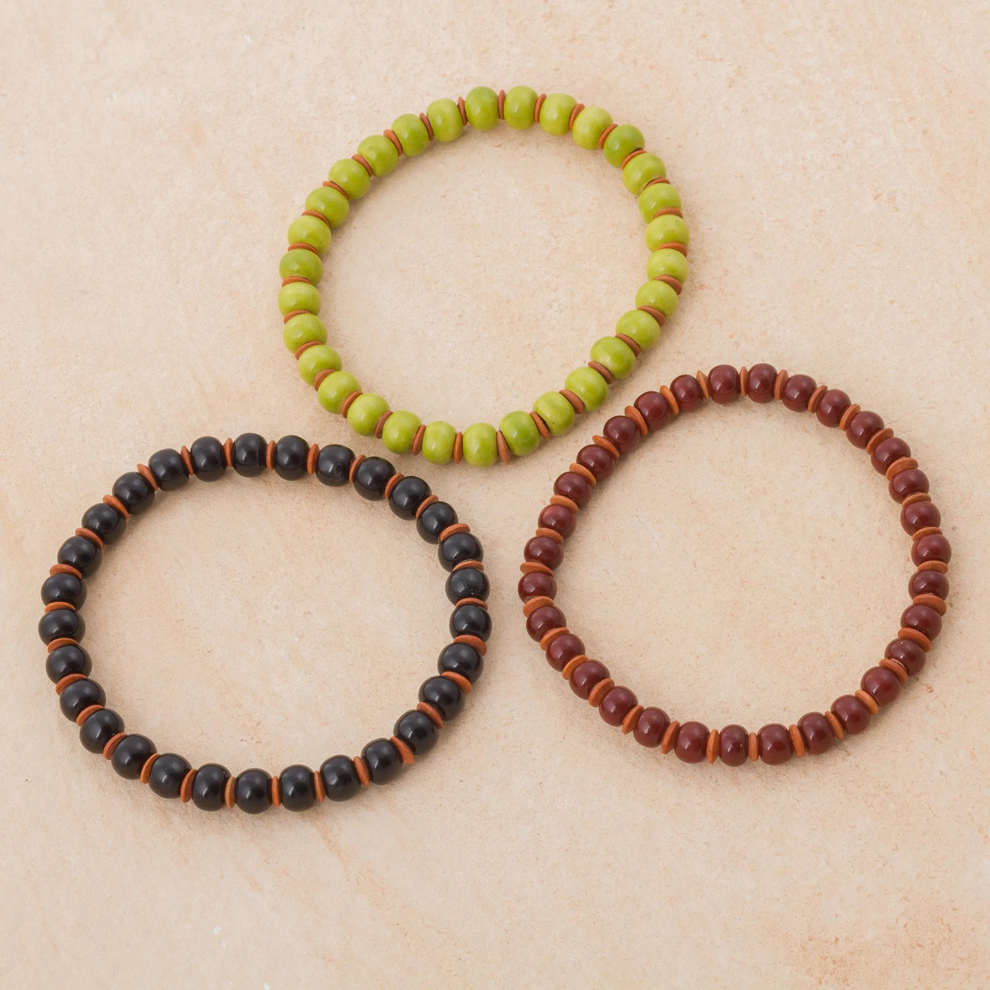 Three Ceramic Bracelets in Chartreuse Russet and Black - Autumn Spirit | NOVICA