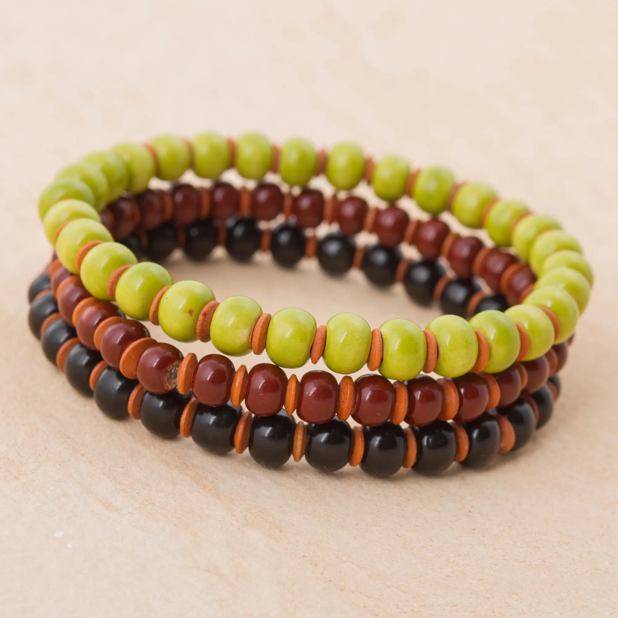 Three Ceramic Bracelets in Chartreuse Russet and Black - Autumn Spirit | NOVICA