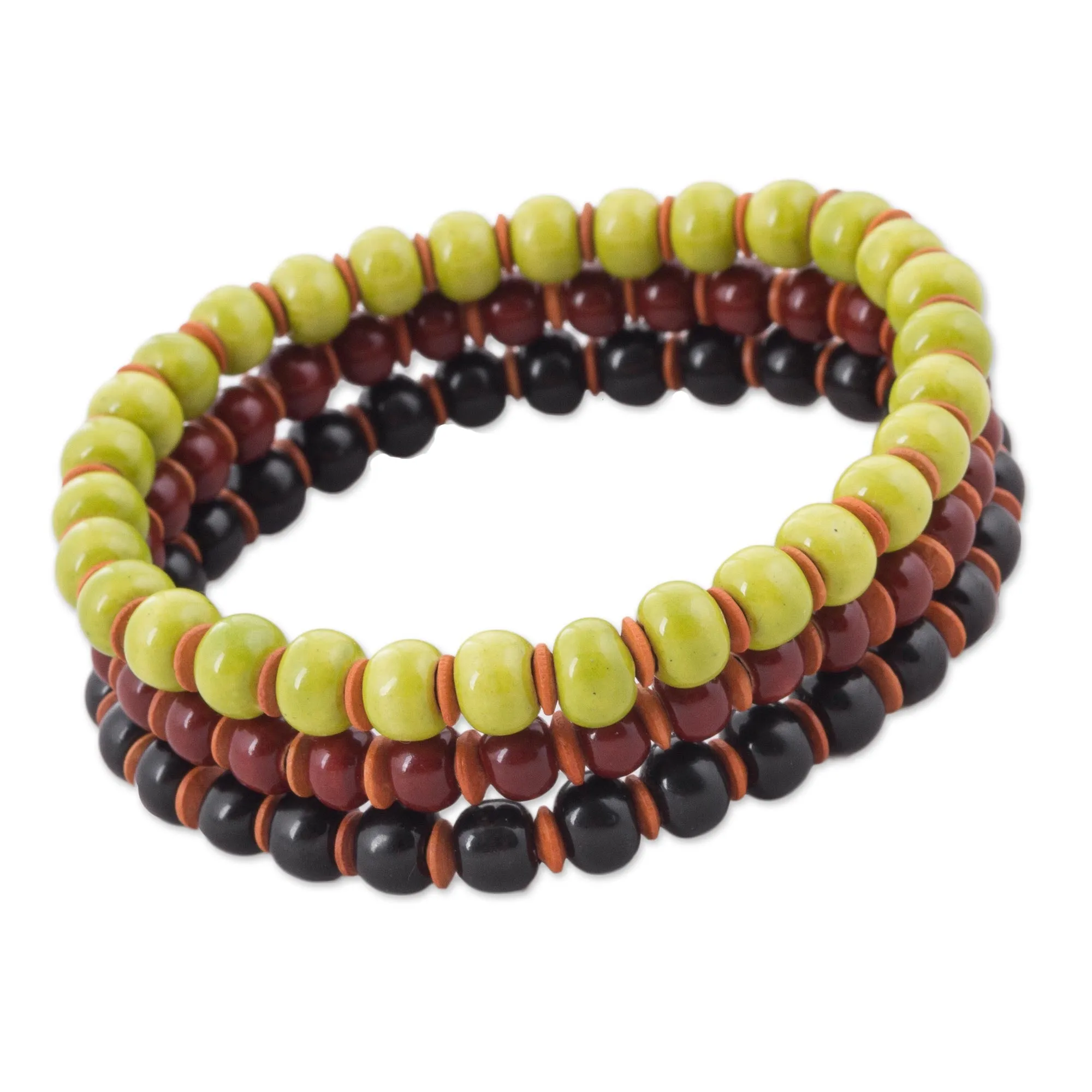 Three Ceramic Bracelets in Chartreuse Russet and Black - Autumn Spirit | NOVICA