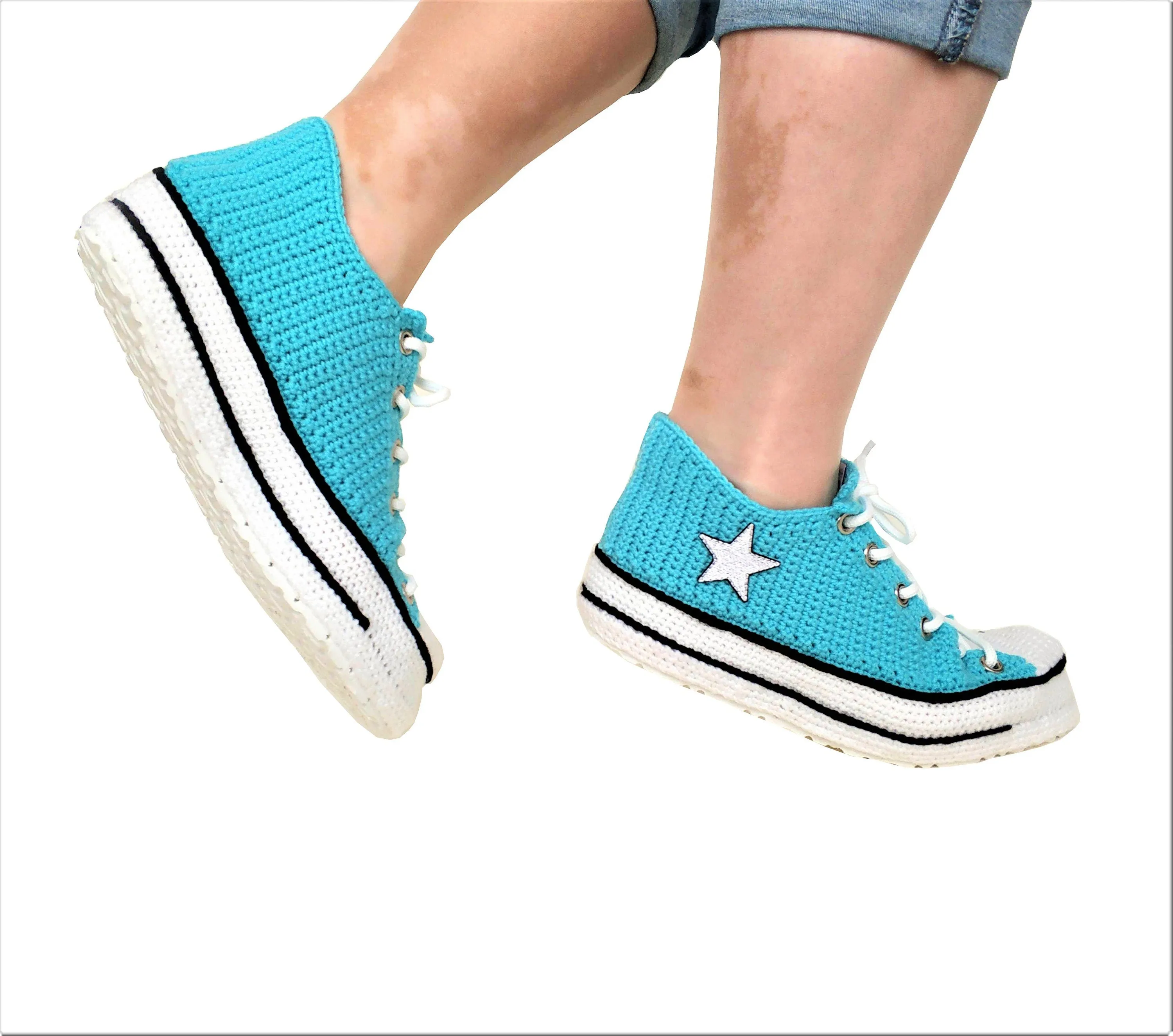 Turquoise Converse Handmade Crochet Home Slippers Plush - Breathable Non-Slip Sole Sneakers Indoor Shoes