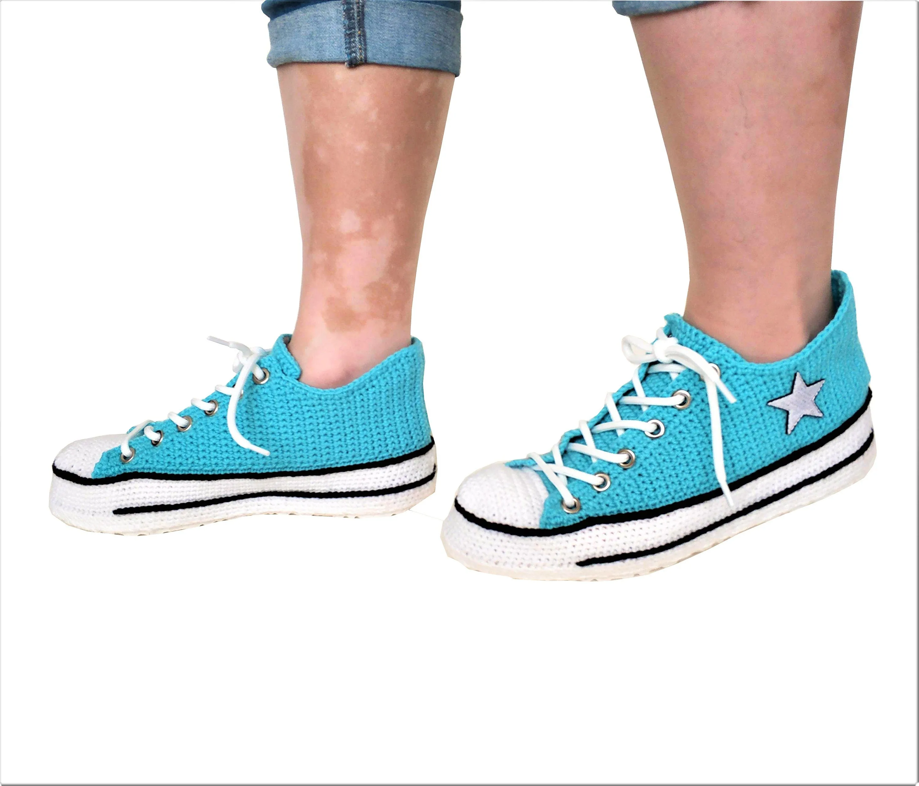 Turquoise Converse Handmade Crochet Home Slippers Plush - Breathable Non-Slip Sole Sneakers Indoor Shoes