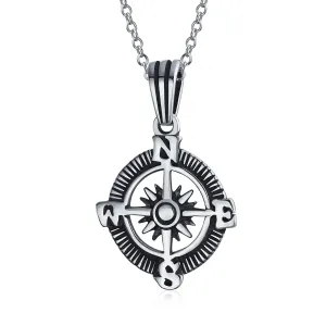 Unisex Viking Compass Pendant Necklace in Oxidized Sterling Silver for Men