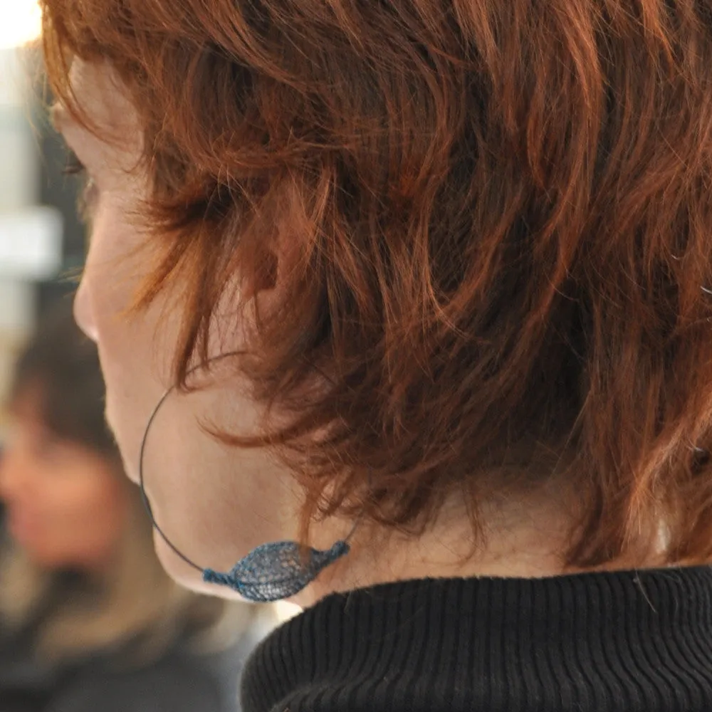 Urban Silver Hoop Earrings , Oxidized Silver and Blue pod bead , wire crochet jewelry