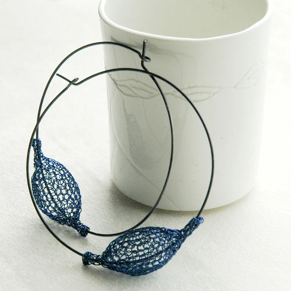 Urban Silver Hoop Earrings , Oxidized Silver and Blue pod bead , wire crochet jewelry