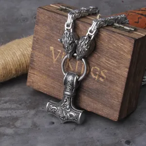 Viking Wolf Head Mjolnir Necklace