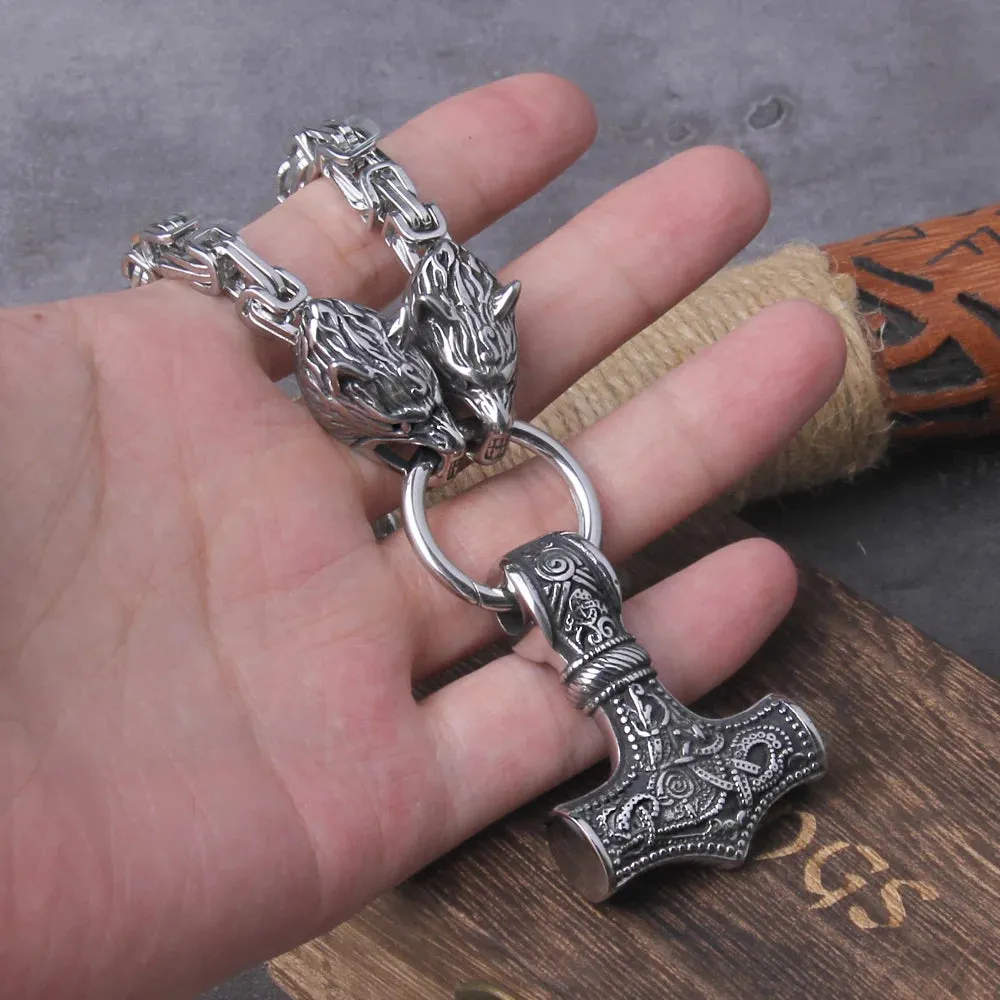 Viking Wolf Head Mjolnir Necklace