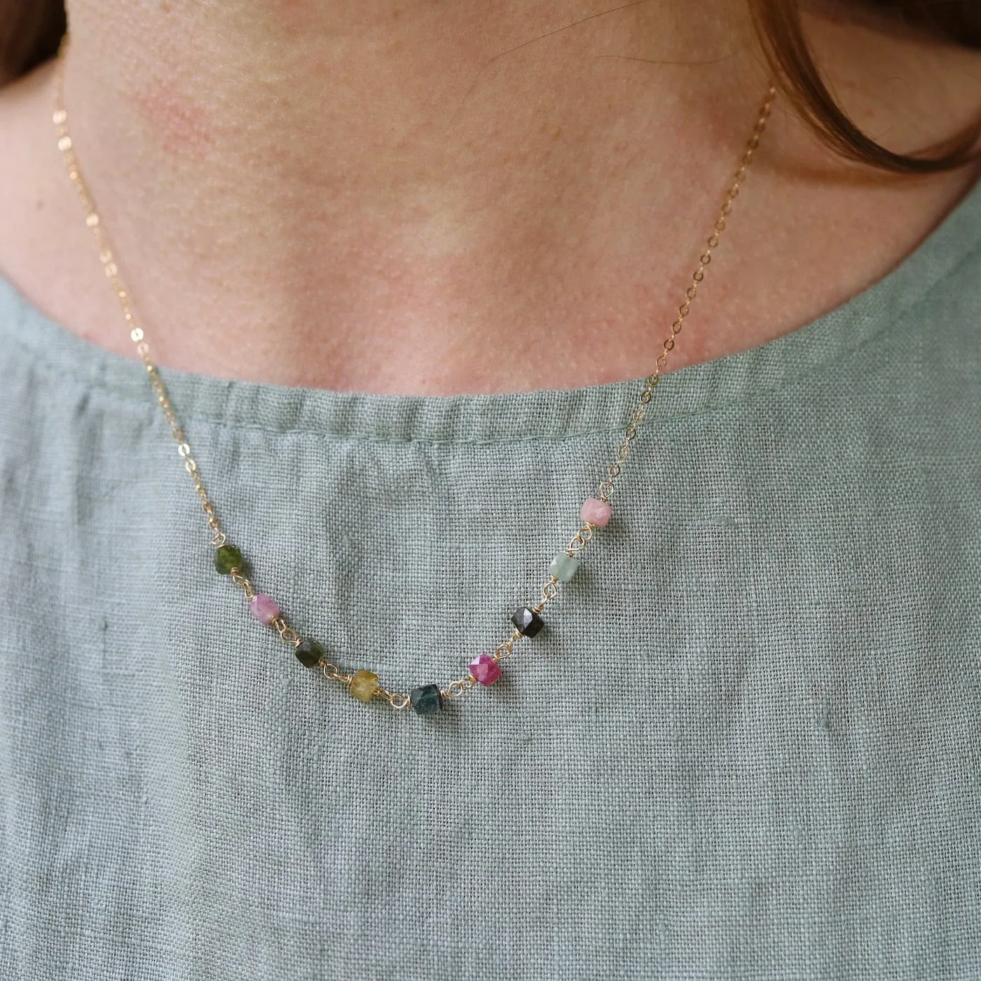 Watermelon Tourmaline Handmade Bead Chain Necklace